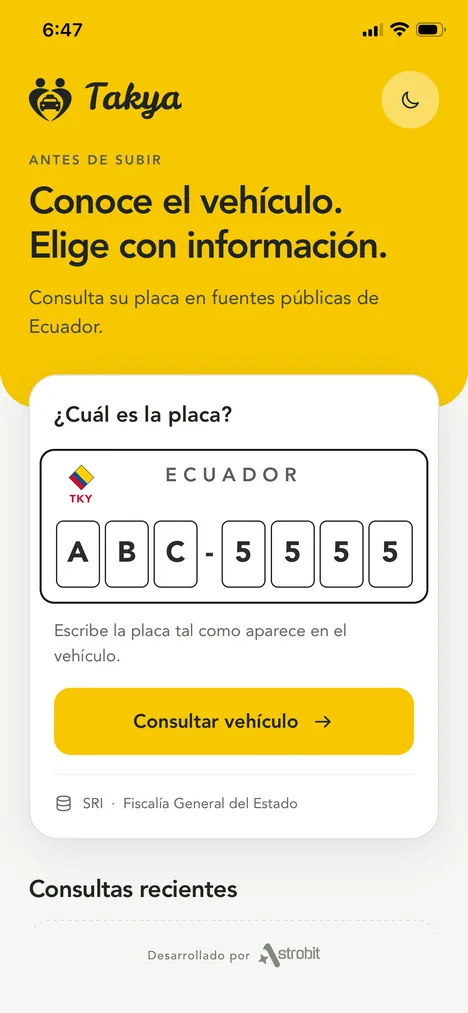 Pantalla de inicio de Takya: consulta de placa ABC-5555