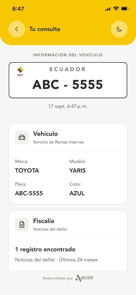 Pantalla de resultados de Takya para la placa ABC-5555